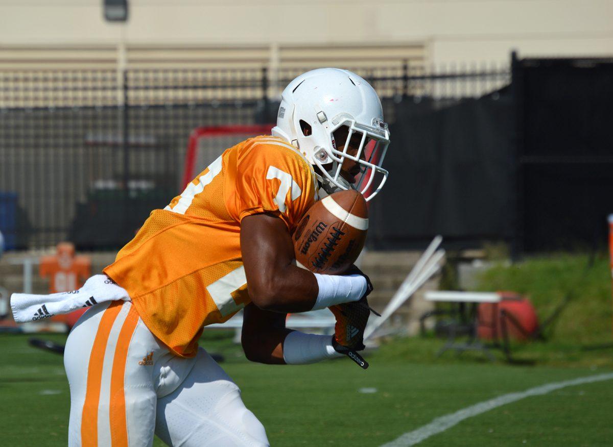 Sophomore defensive back Cameron Sutton fields a punt at practice on Sept. 8.