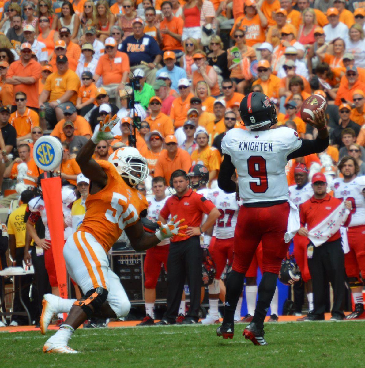 Sophomore defensive end Corey Vereen chases ASU quarterback Fredi Knighten in the Vols' 34-19 victory on Sept. 6.