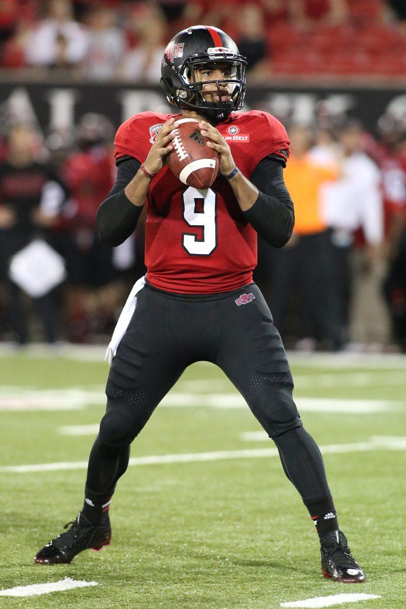 Arkansas State junior quarterback Fredi Knighten looks downfield during the Red Wolves' 37-10 victory over Montana State on Aug. 30.