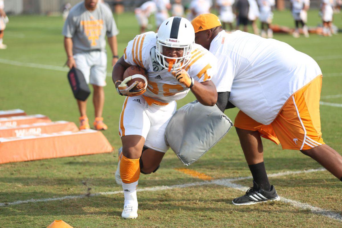 Former Vols running back Treyvon Paulk runs through drills during UT practice on Aug. 15 at Haslam Field. On Monday, Paulk was officially dismissed from the team after being involved in a domestic assault incident with his ex-girlfriend on Saturday.