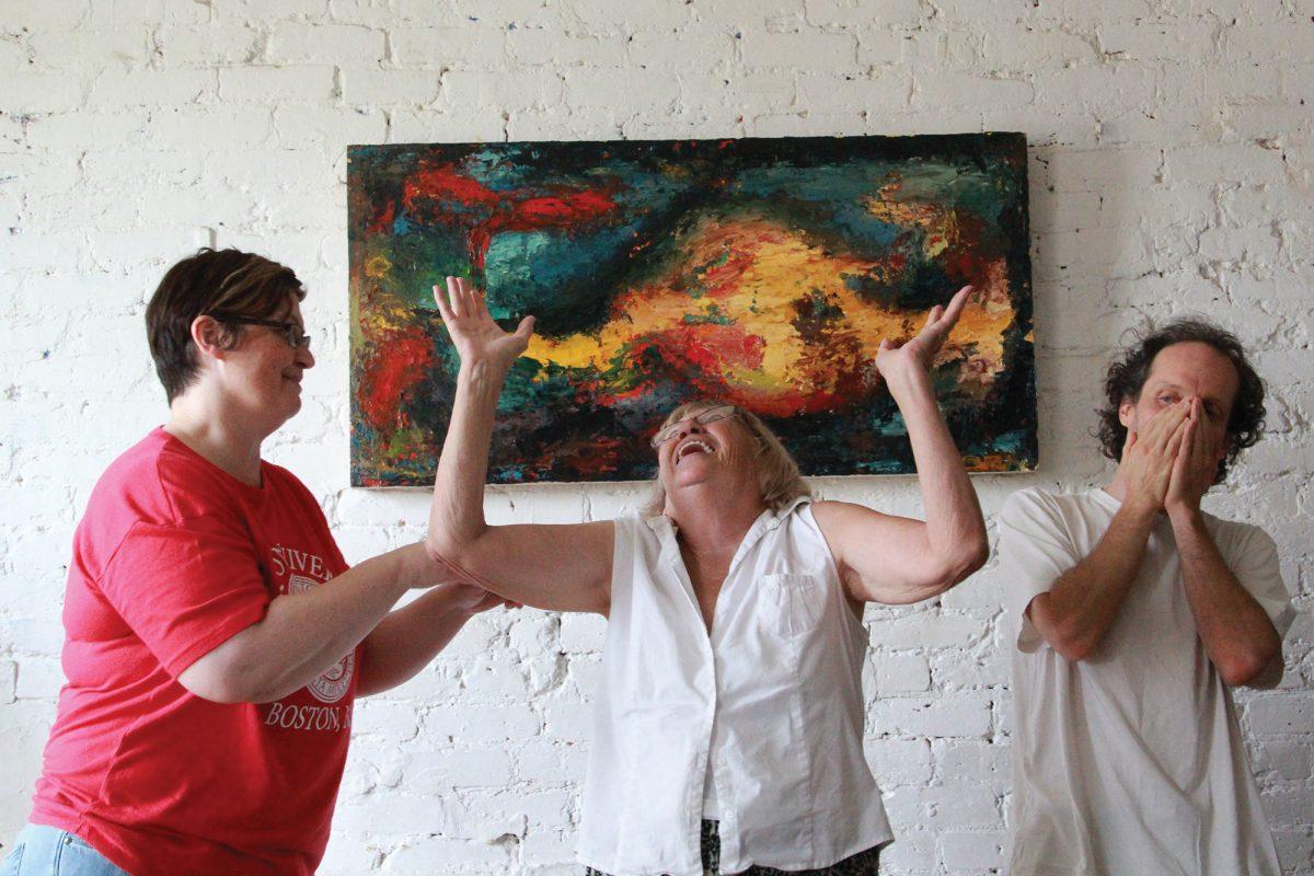 Donna Kapa, Carol Ann Borges and Alexis Tudor practice an improv sketch.