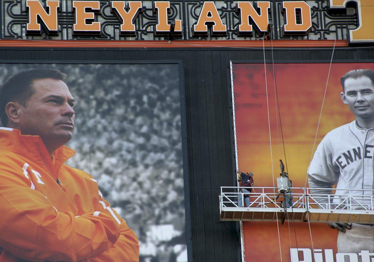 The back of Neyland Stadium's jumbotron gets a makeover on Oct. 2.