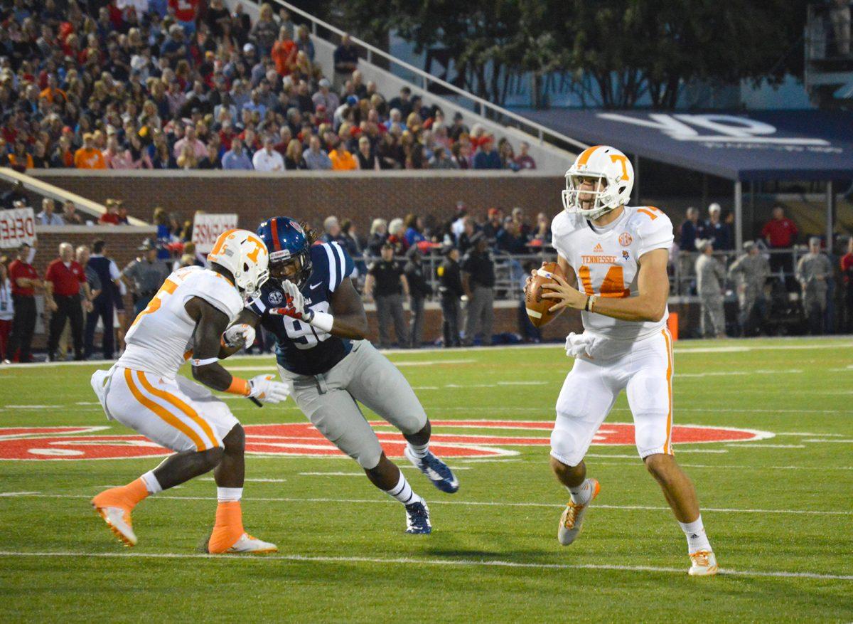 Senior quarterback Justin Worley looks downfield for an open receiver in the Vols', 34-3, loss to Ole Miss Oct. 18.
