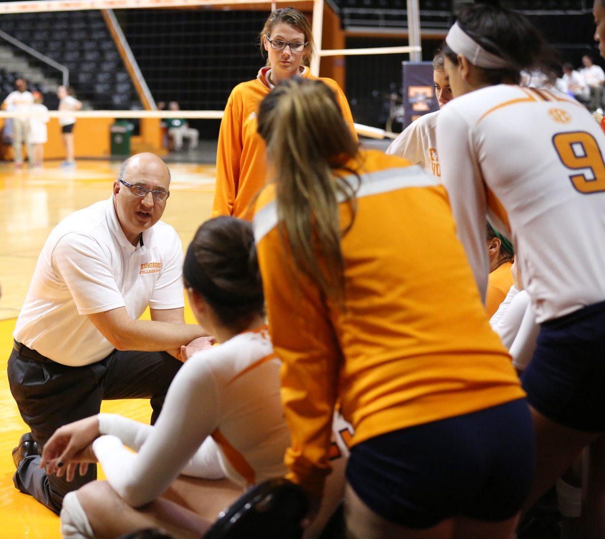 Head coach Rob Patrick talks to his team during the Lady Vols' match against the LSU Tigers on Oct. 12.