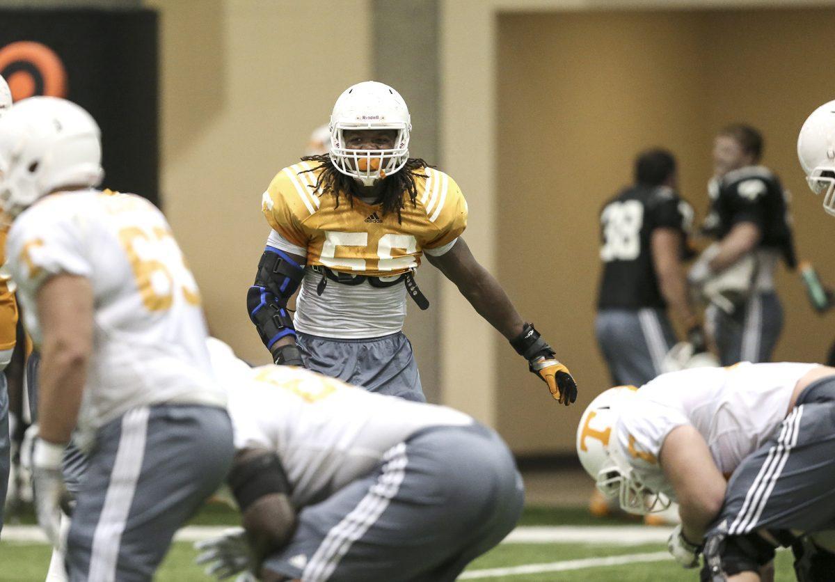 Junior defensive line Curt Maggitt during football practice on Tuesday.