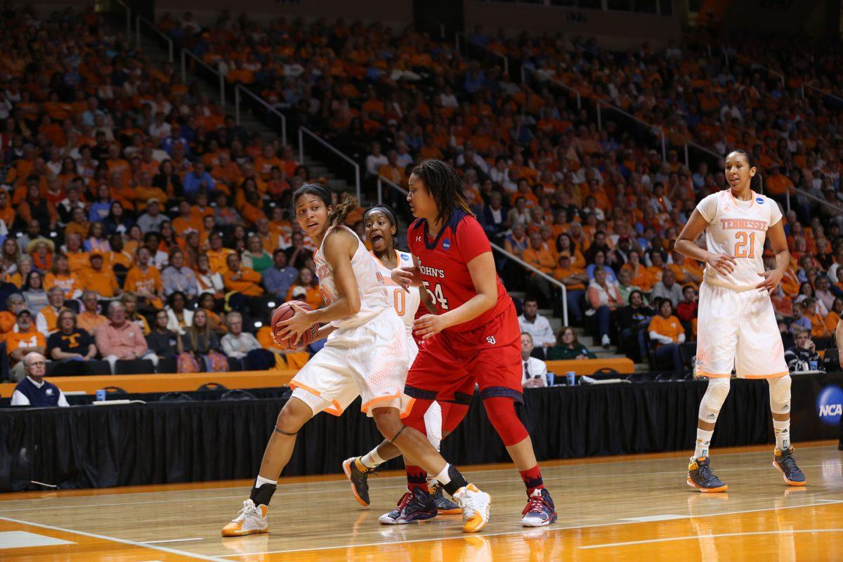 Senior forward Isabelle Harrison posts up against St. John's on March 24.