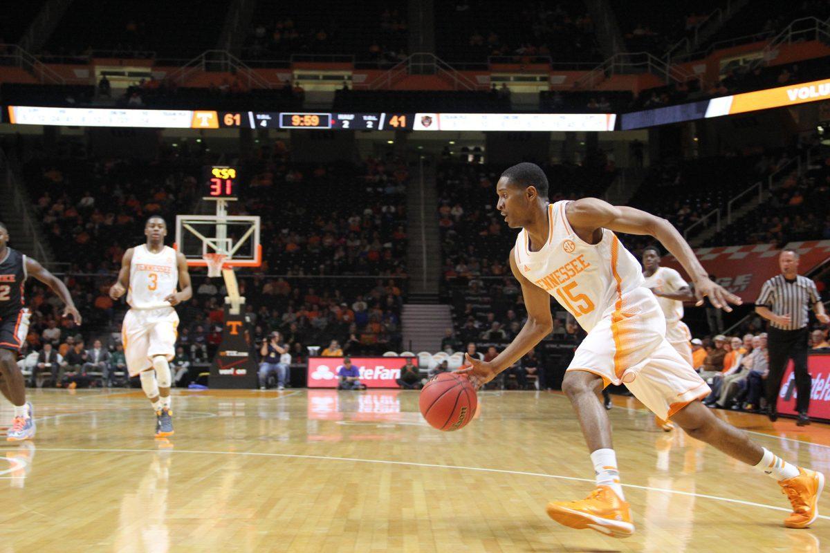 Freshman guard Detrick Mostella drives to the basket during the Vols' contest against Pikeville on Nov. 3.