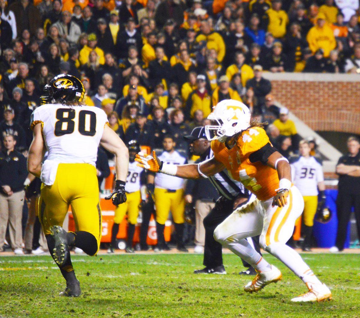 Freshman Jakob Johnson positions himself during the game against Missouri.