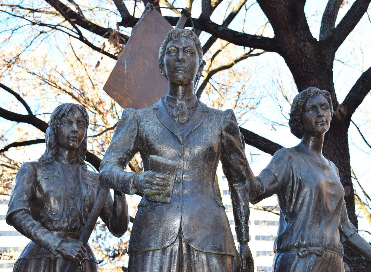 Three of Tennessee's most prominent suffragettes stand in repose in Market Square. Left to right: Elizabeth Avery Meriwether (Memphis), Lizzie Crozier French (Knoxville), Anne Dallas Dudley (Nashville).