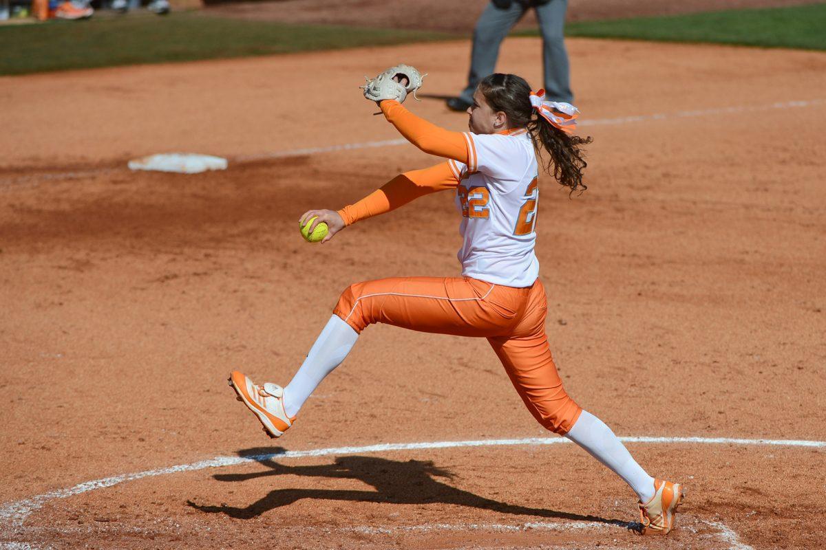Pitcher Erin Gabriel fires from the mound during the match between UT and Florida on March 28, 2014.