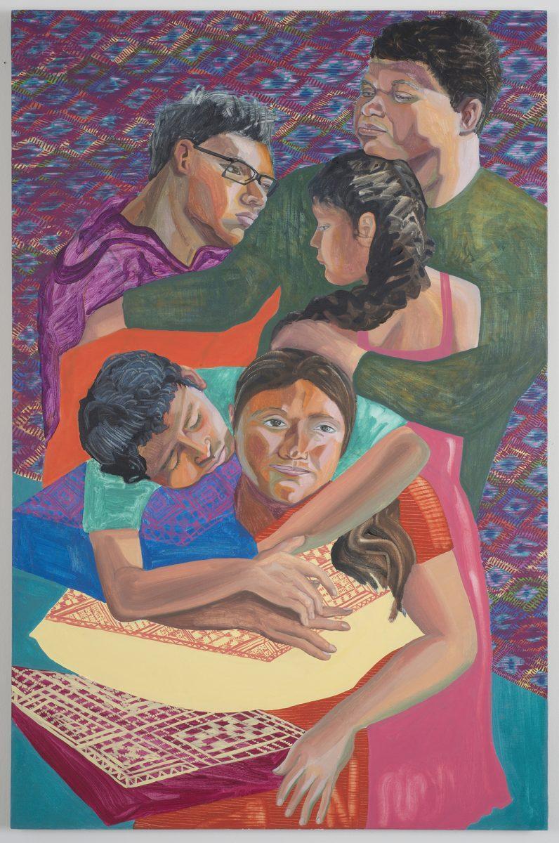 Aliza Nisenbaum's oil on linen painting "Eva, Juan Carlos, Yael, Christian and Samantha" from 2014 is 51 inches by 33 inches.