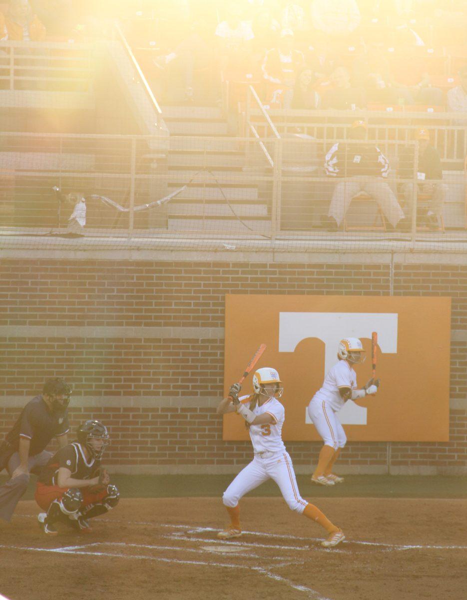 Freshman infielder Scarlet McSwain steps up to the plate during the Lady Vols' match against the Georgia Bulldogs on Monday.