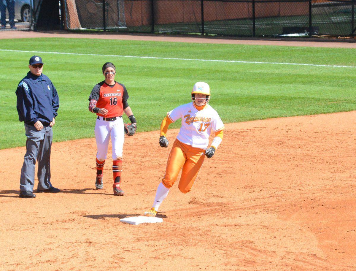 Junior Gretchen Aucoin runs past second base during the game against Georgia on Saturday, March 28.