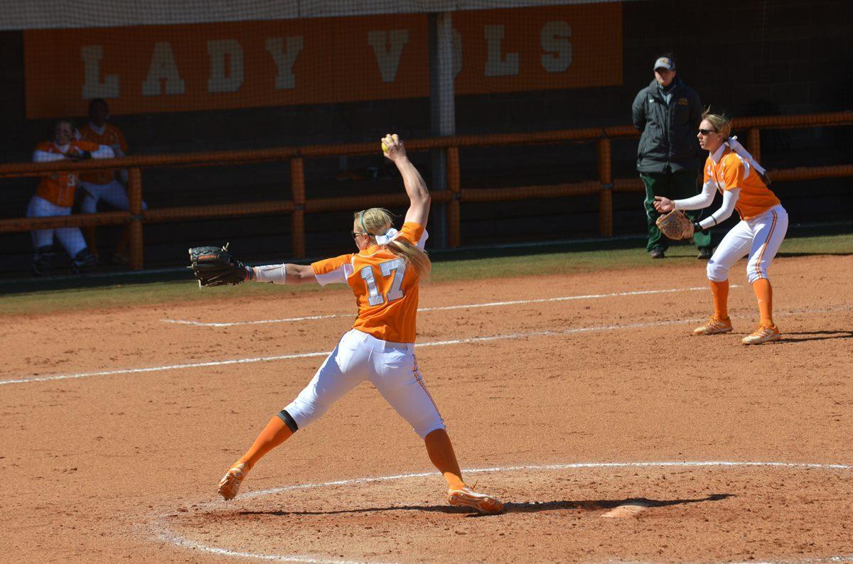 Junior Gretchen Aucoin throws a pitch during the game against Northern Iowa on March 7.