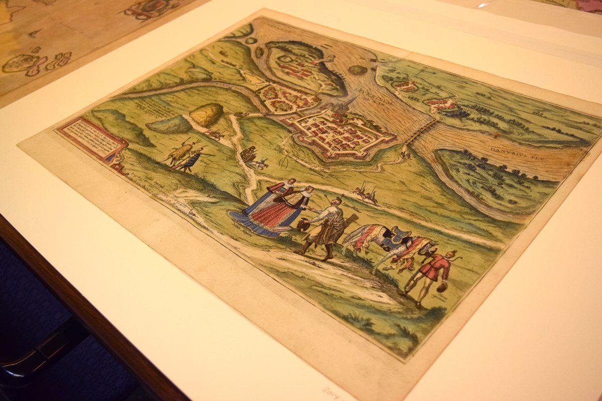 This 1598 map, a favorite of Lindsey Waugh, was made in Cologne, Germany, and contains both informative text boxes and a narrative scene of European travelers.