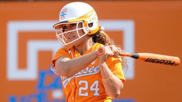KNOXVILLE, TN - MARCH 22, 2014: Catcher/Infielder Annie Aldrete #24 of the Tennessee Lady Volunteers during the conference match between the University of Tennessee Lady Volunteers and the South Carolina Gamecocks at Sherri Parker Lee Stadium in Knoxville, TN. Photo By Andrew Bruckse/Tennessee Athletics