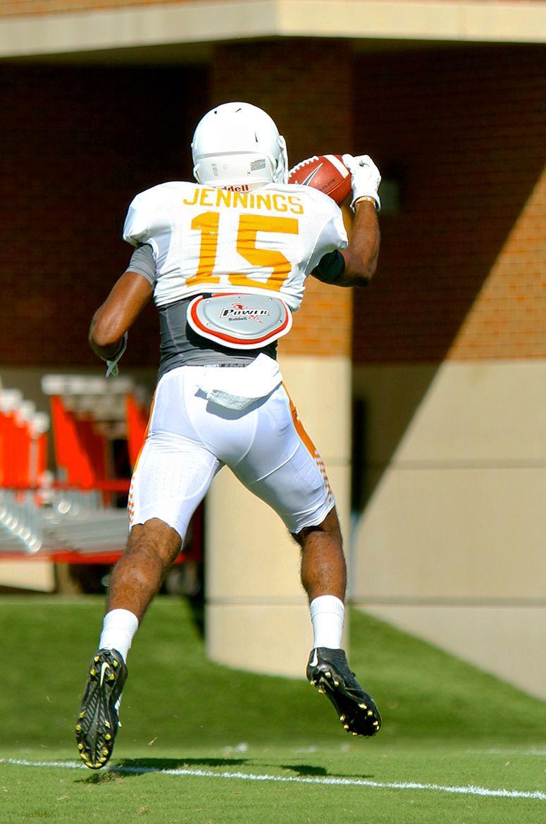 Freshman Jauan Jennings makes a catch during practice on Tuesday afternoon.