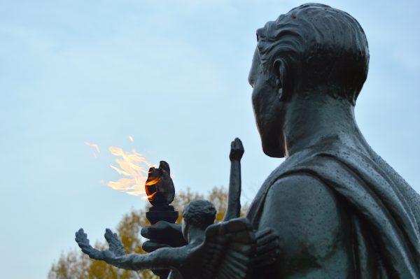 The Torchbearer overlooking campus from Circle Park Terrace.