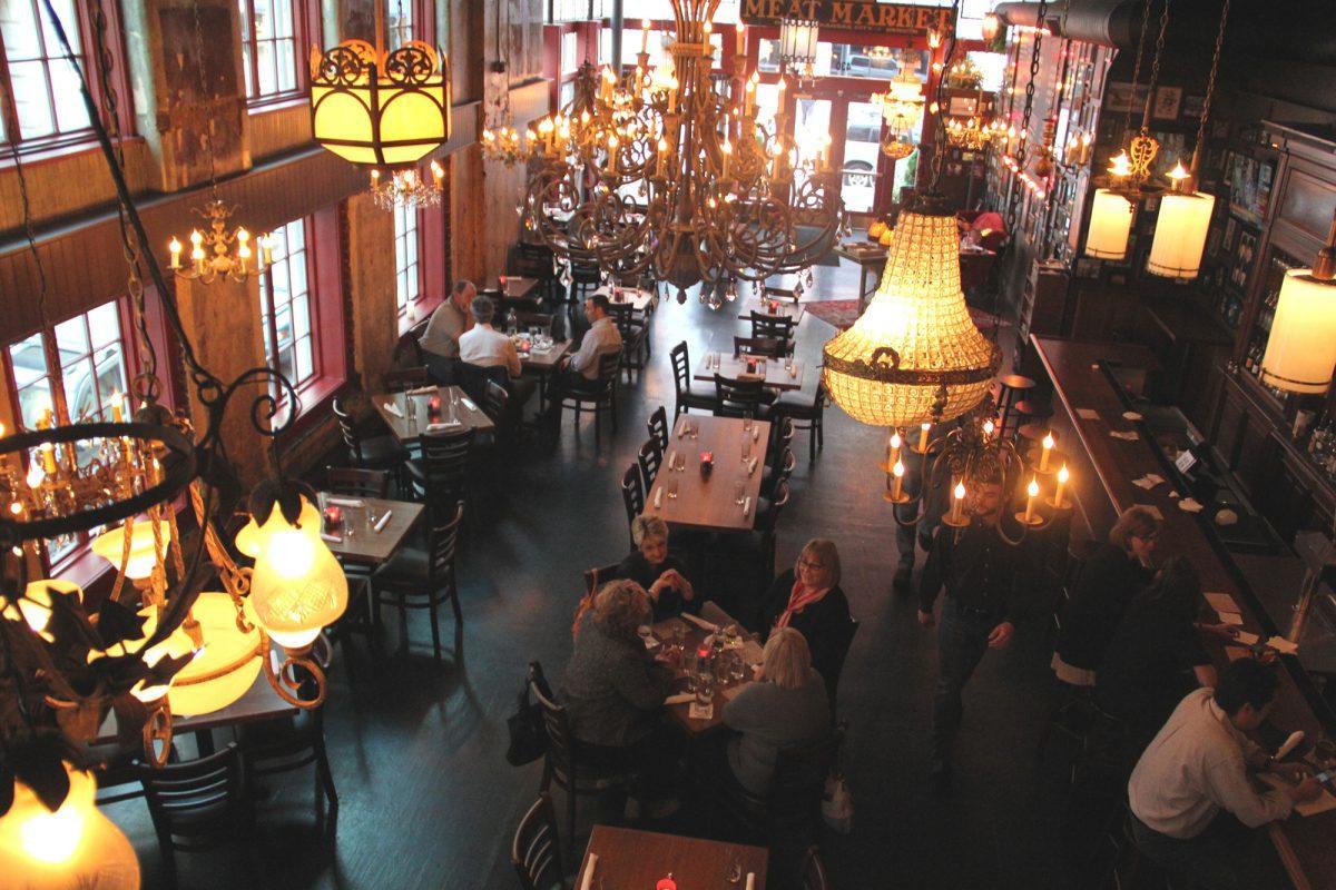 Five Bar's dining room is lit by an eclectic variety of chandeliers.