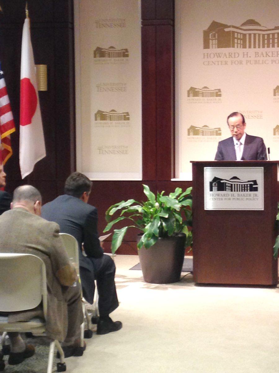 Former Japanese Prime Minister Yasuo Fukuda gives a speech to a full room at Toyota Auditorium.