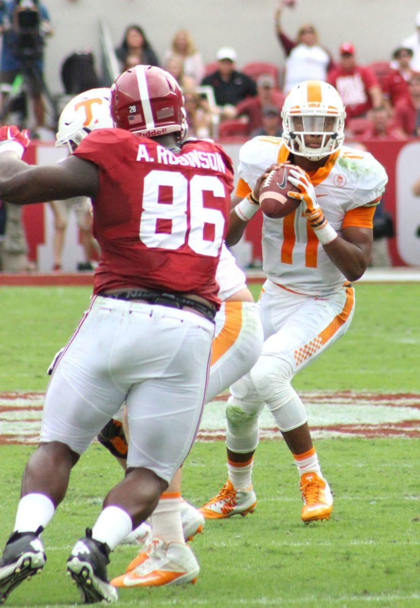 Junior Josh Dobbs prepares to throw the ball during the Alabama game.