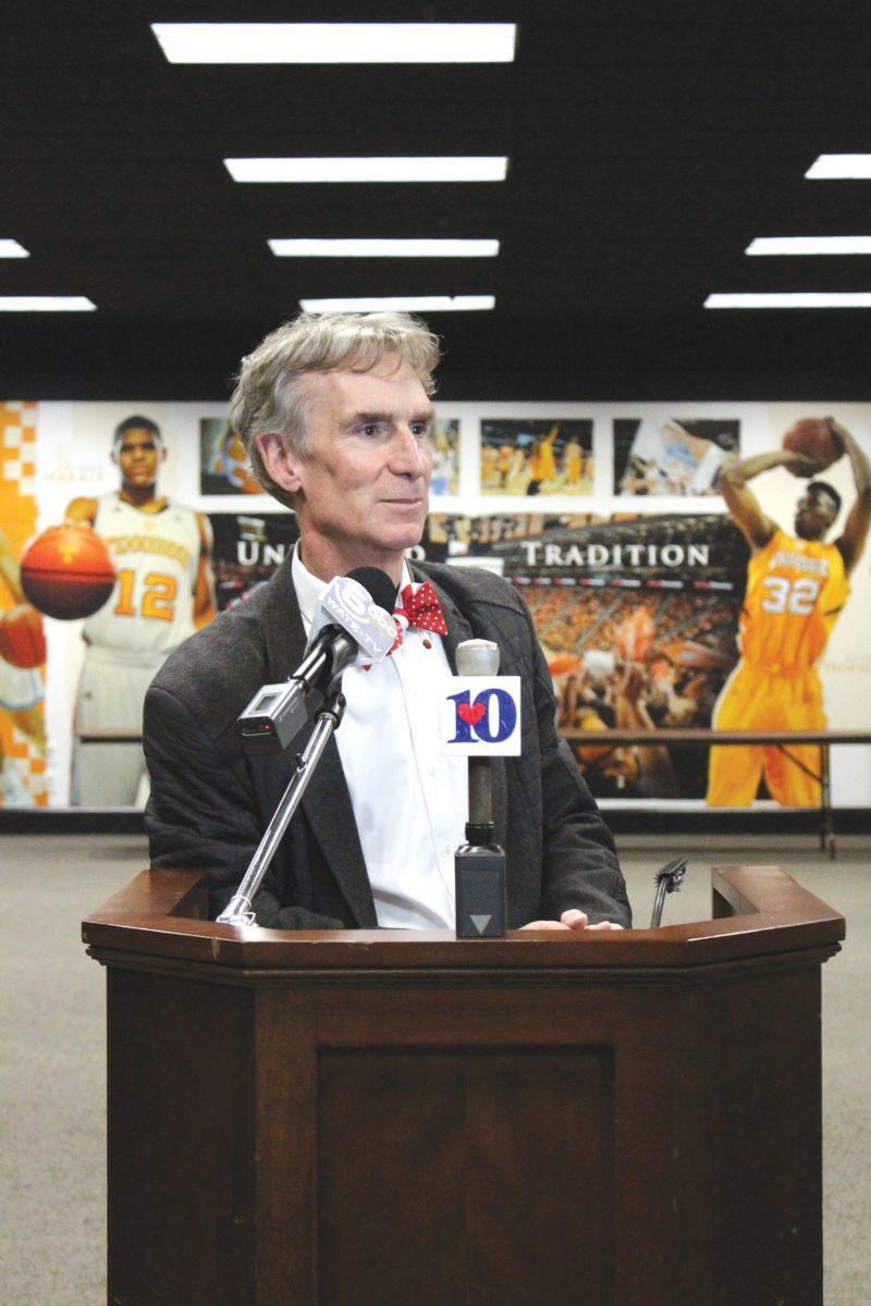 Bill Nye speaks at a press conference before giving his lecture in Thompson-Boling Arena on Thursday, Oct. 29.