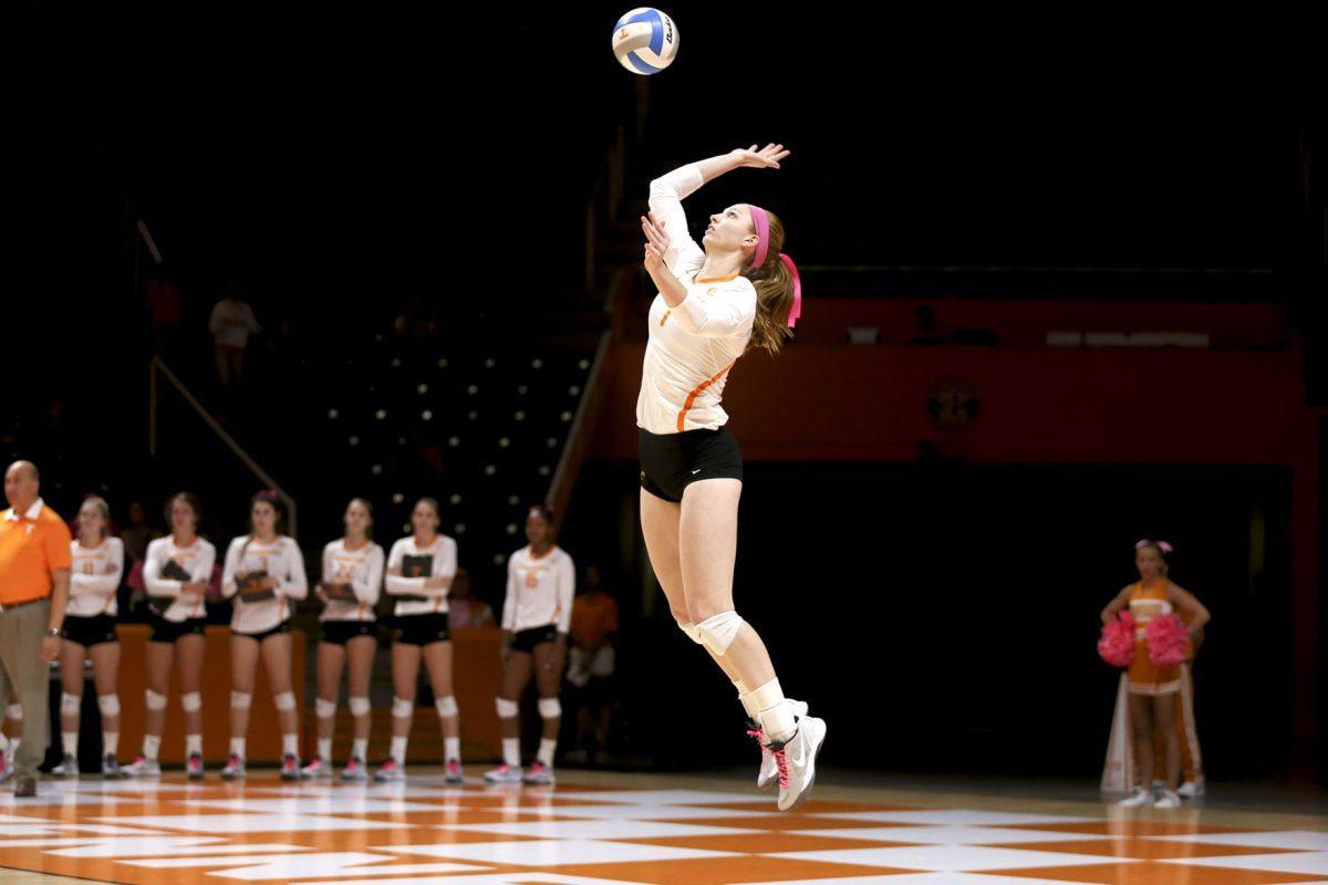 Vols' middle hitter Erica Treiber serves the ball during the Oct. 14 match against the Florida Gators at Thompson-Boling Arena.