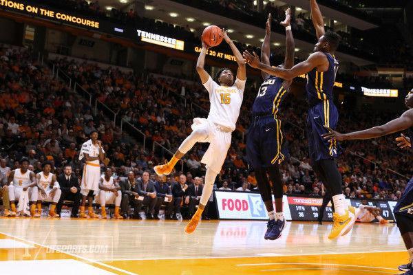 Sophomore guard Detrick Mostella attempts a layup in the Vols' 76-67 victory over ETSU on Tuesday inside Thompson-Boling Arena.