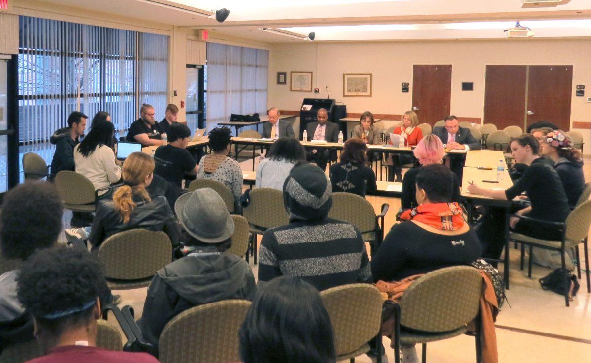 Many students sat in and attended the Diversity Meeting led by the Chancellor's Cabinet held at the Frieson Black Cultural Center.