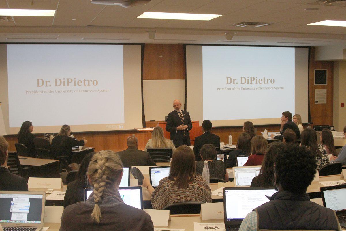 On Tuesday, March 22, UT President Joe DiPietro spoke to the Student Senate about the challenges the administration has faced in the Tennessee State Legislature over the past year.