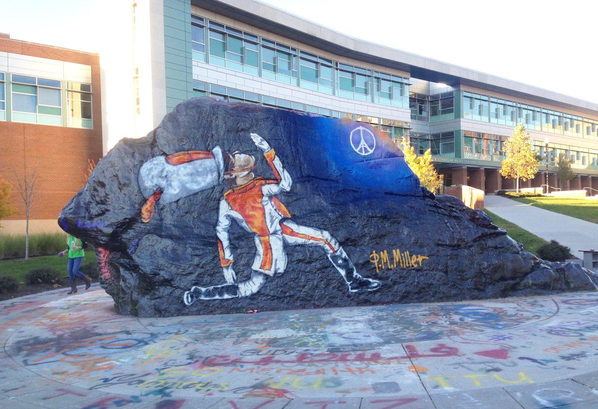 Payton Miller, junior in mathematics, painted the “Rock”  with a painting of the Pride of the Southland's drum major. Included alongside a painting of Tennessee pride, Miller painted an Eiffel Tower peace sign, the sign of support for France in lieu of a series of terrorist attacks that occurred in Paris on Friday night. 