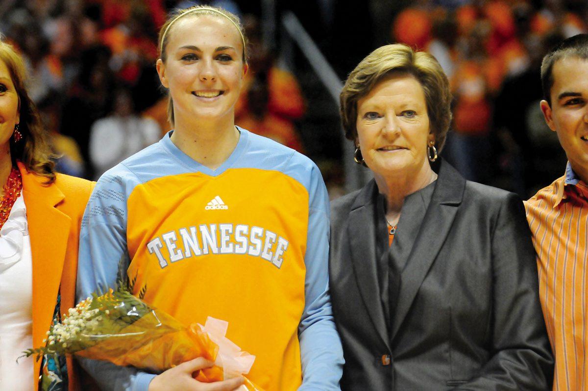 Pat Summitt stands with Alicia Manning during Senior Day presentations before a game against Florida on Sunday, Feb. 26. Summitt announced her retirement as Head Coach of the Lady Vols basketball team after 27 seasons at the helm of one of the most successful programs in the history of college basketball.