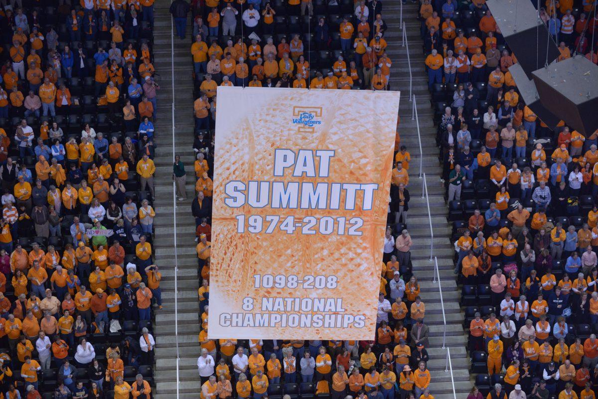 KNOXVILLE,TN - JANUARY 28, 2013 - Head Coach Pat Summitt banner is risen during the game between the Noter Dame Fighting Irish and the Tennessee Lady Volunteers at Thompson-Boling Arena in Knoxville, TN. Photo By Tennessee Athletics