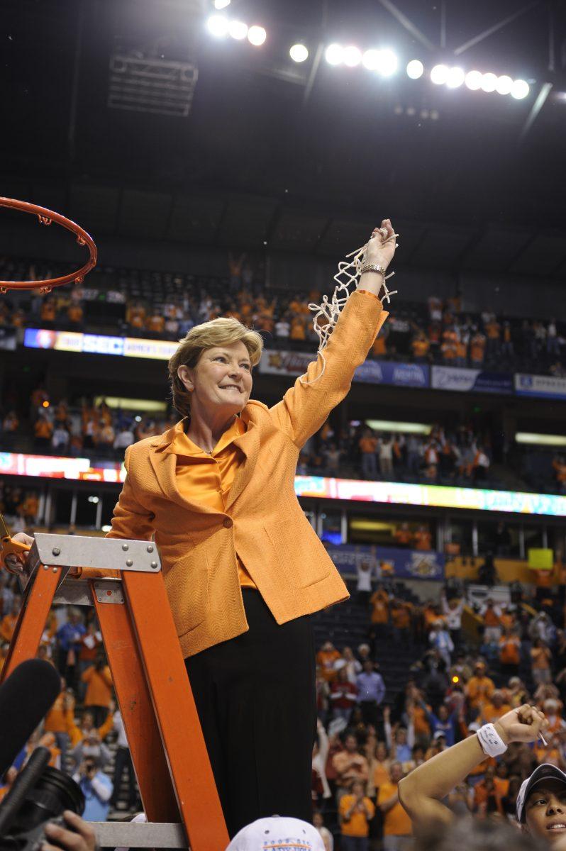 NASHVILLE, TN - MARCH 09, 2008 - Head Coach Pat Summitt cuts down the net during SEC Championship Final game between the LSU Tigers and the Tennessee Lady Volunteers at the Bridgestone Arena in Nashville, TN. Photo By Tennessee Athletics