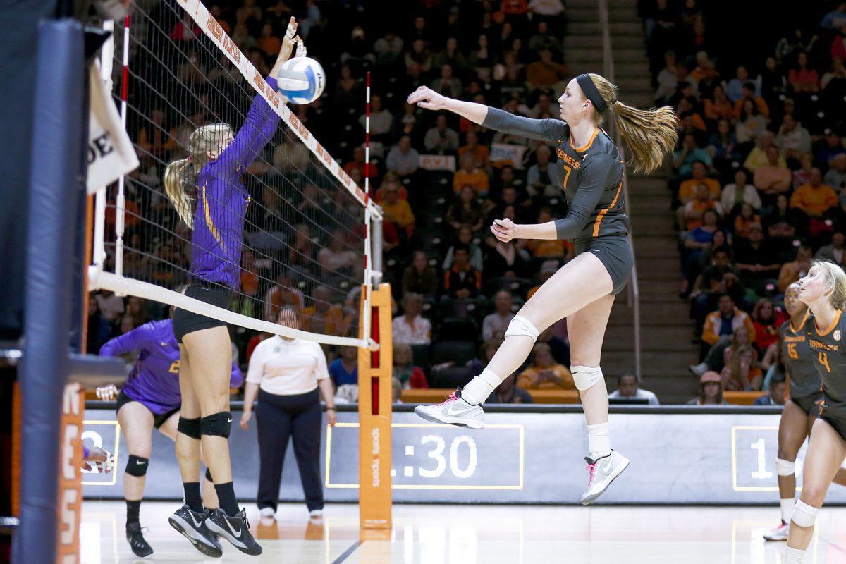 Middle hitter Erica Treiber #7 of the Tennessee Volunteers during the match between the Florida Gators and the Tennessee Volunteers at Thompson-Boling Arena in Knoxville, Tennessee, on Oct. 14, 2015.
