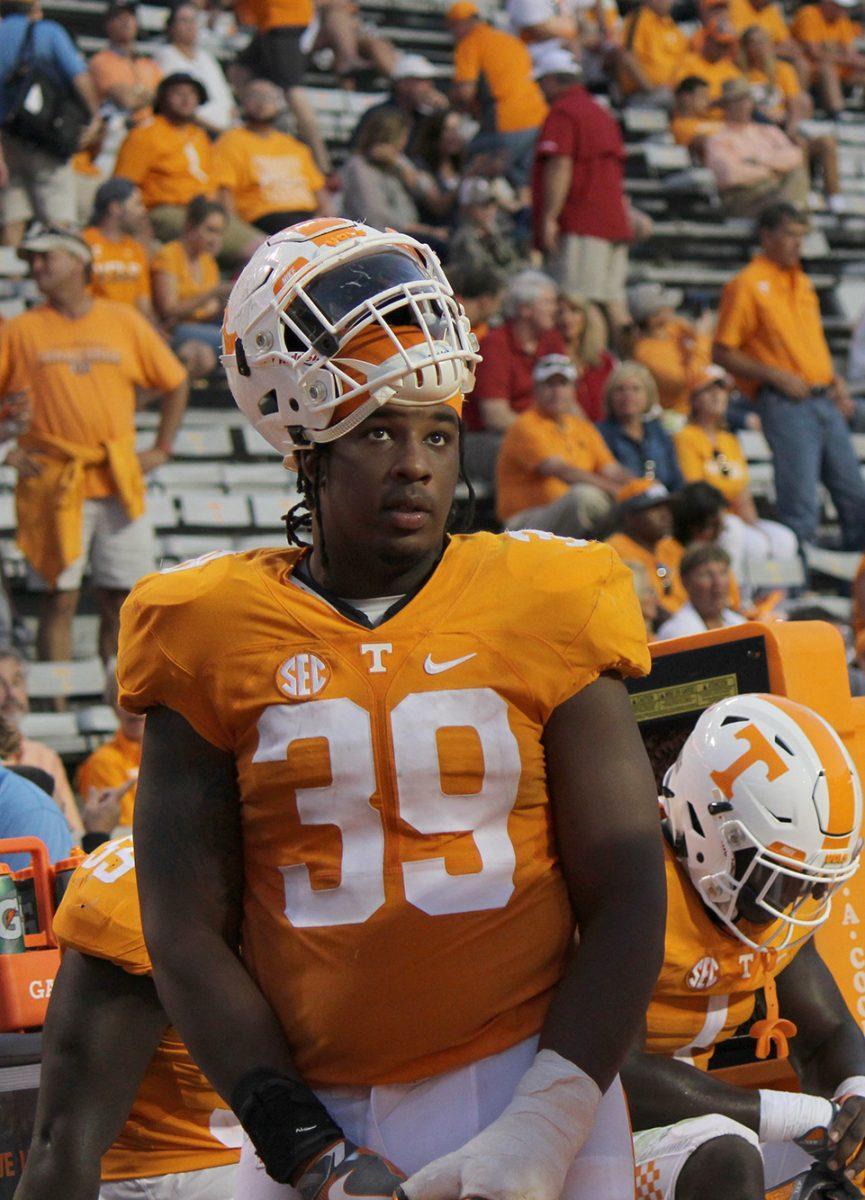 Kendal Vickers, #39, watches as the Vols are defeated 49-10 by Alabama on Oct. 15, 2016.