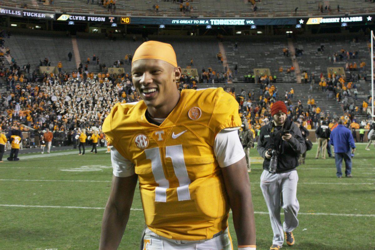 Josh Dobbs, #11, celebrates his final game in Neyland Stadium after defeating Missouri on Nov. 19, 2016.