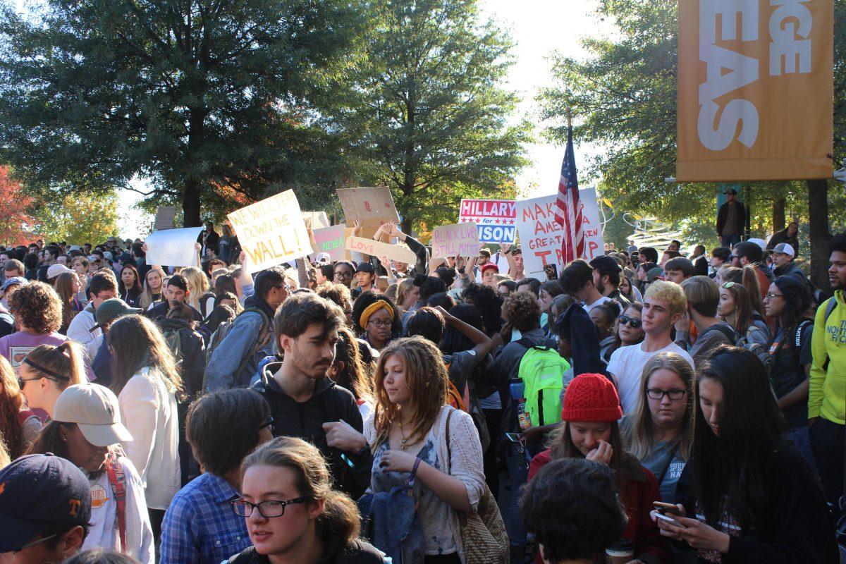 Students stood on Pedestrian Walkway protesting the election of Donald Trump on Nov. 10, 2016.