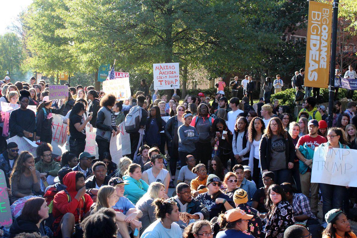 Students stood on Pedestrian Walkway protesting the election of Donald Trump on Nov. 10, 2016.