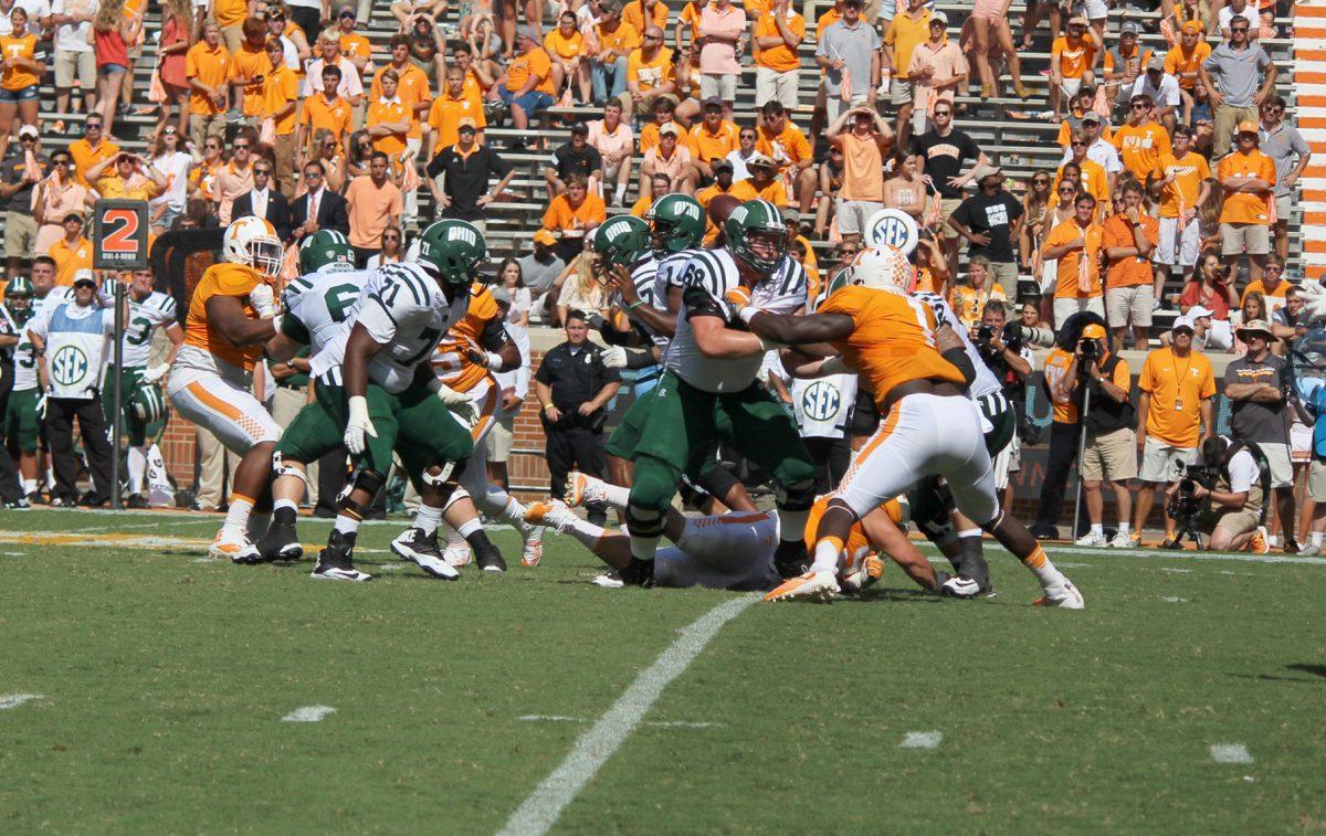 Jonathan Kongbo, #1, defends against the Ohio State offense on Sep. 17, 2016.