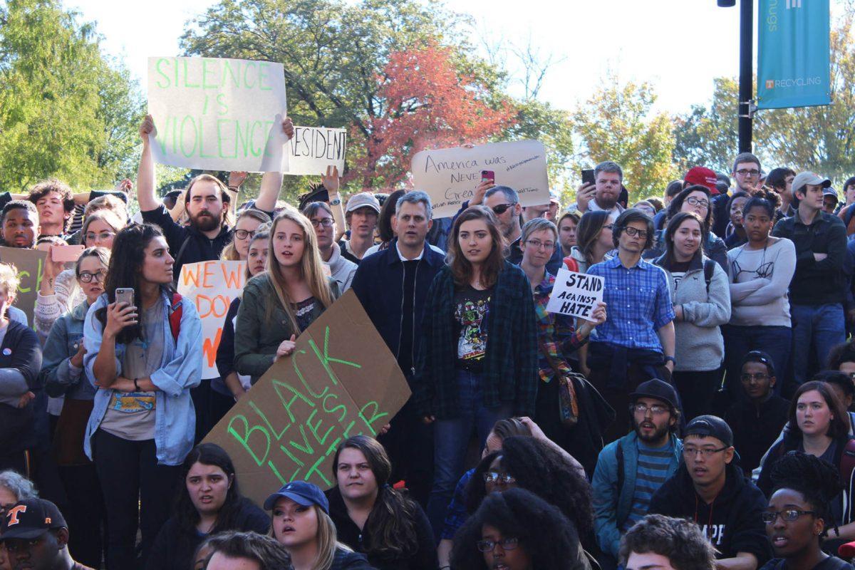 Students stood on Pedestrian Walkway protesting the election of Donald Trump on Nov. 10, 2016.
