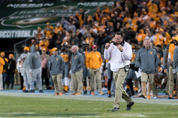 Head Coach Butch Jones celebrating another touchdown against Nebraska during the Franklin American Mortgage Music City Bowl on December 30, 2016 at Nissan Stadium in Nashville, TN.