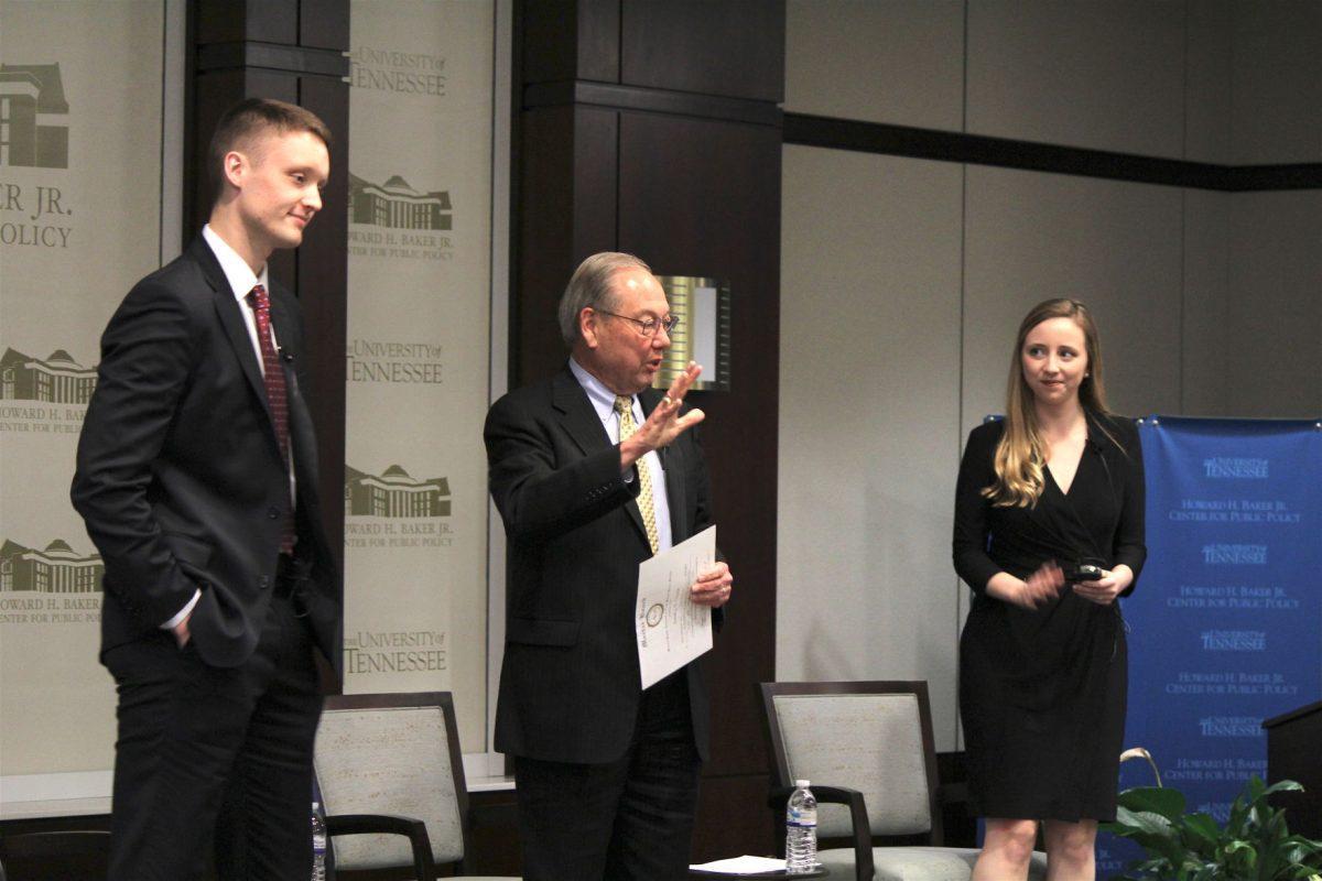 Former Chancellor of the University of Tennessee, Jimmy Cheek, was named an honorary member of the UT Mortar Board by President William Fredebeil (left) and Vice President Abby Link (right) at the end of his last lecture.