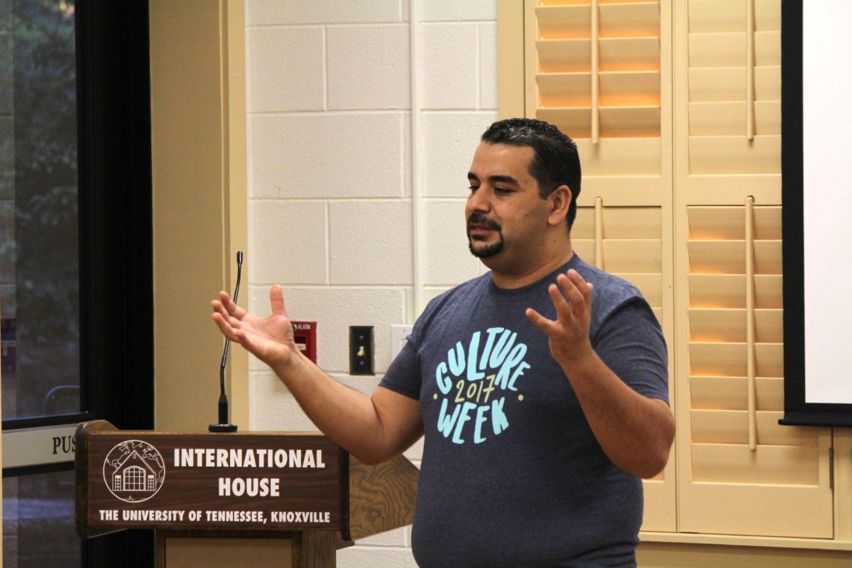 Yassin Terou, owner of Yassin's Falafel House, led a conversation on refugees and their roles in American communities in the International House on Tuesday, March 28, 2017.