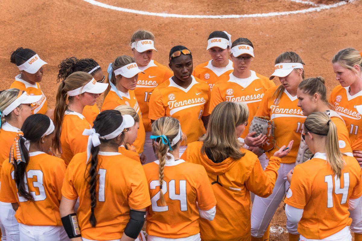 File: Co-Head Coach Karen Weekly and the Tennessee Volunteers softball team during the game against Delaware at Sherri Parker Lee Stadium on March 5, 2017.