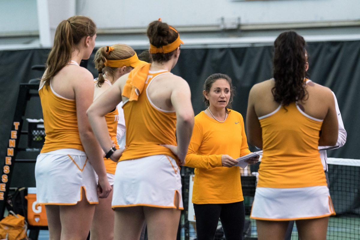 File: Head coach Alison Ojeda and the Tennessee women's tennis team during the match against Indiana at Goodfriend Tennis Center on Feb. 12, 2017.