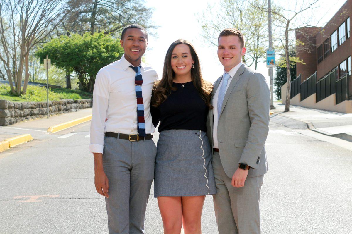 Michael Curtis (left), Morgan Hartgrove (middle), and Hunter Jones (right) are running under the name of “Morgan Mickey Hunter” as SGA candidates.