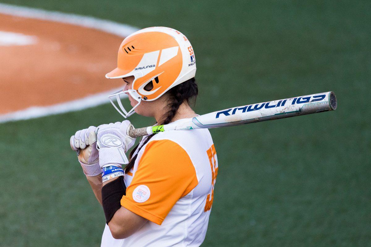 Meghan Gregg, #55, during the NCAA super regional game against Texas A&amp;M at Sherri Parker Lee Stadium on May 26, 2017.