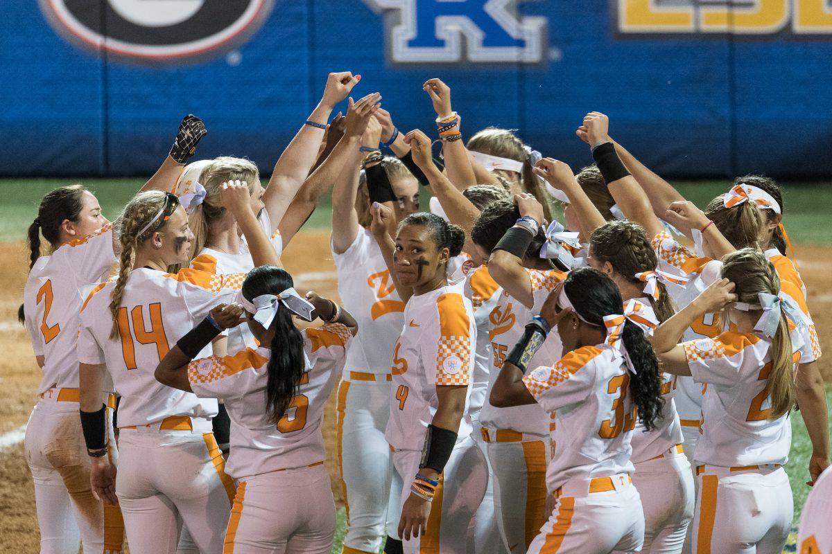 Brooke Vines, #4, and the Tennessee Volunteers during the 2017 SEC Softball tournament against LSU at Sherri Parker Lee Stadium on May 11, 2017.