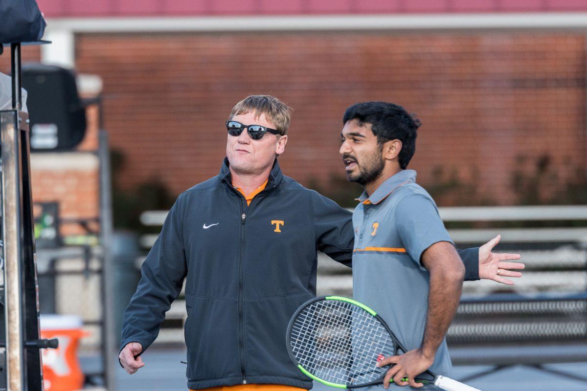 Sam Winterbotham and Sunay Bhat during the meet against Arkansas at Barksdale Stadium on March 10, 2017.